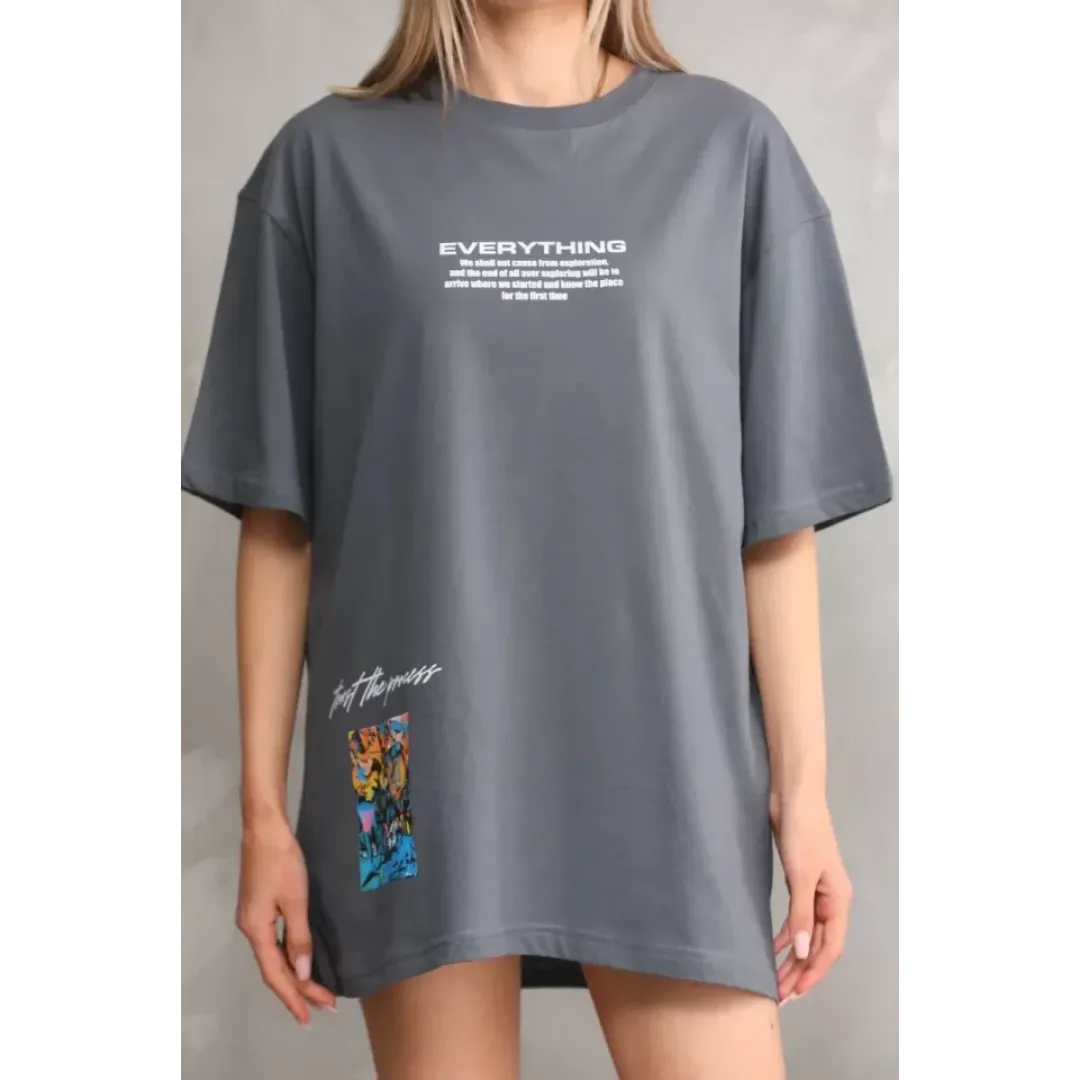 Unisex Bisiklet Yaka Baskılı Oversize T-Shirt - Gri - 103401 Unisex Bisiklet Yaka Baskılı Oversize T-Shirt - Gri - 103401