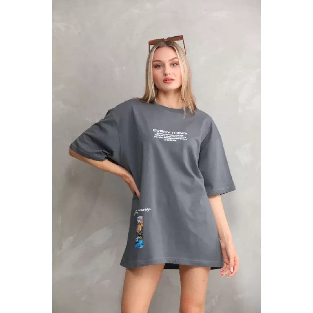 Unisex Bisiklet Yaka Baskılı Oversize T-Shirt - Gri - 103401 Unisex Bisiklet Yaka Baskılı Oversize T-Shirt - Gri - 103401