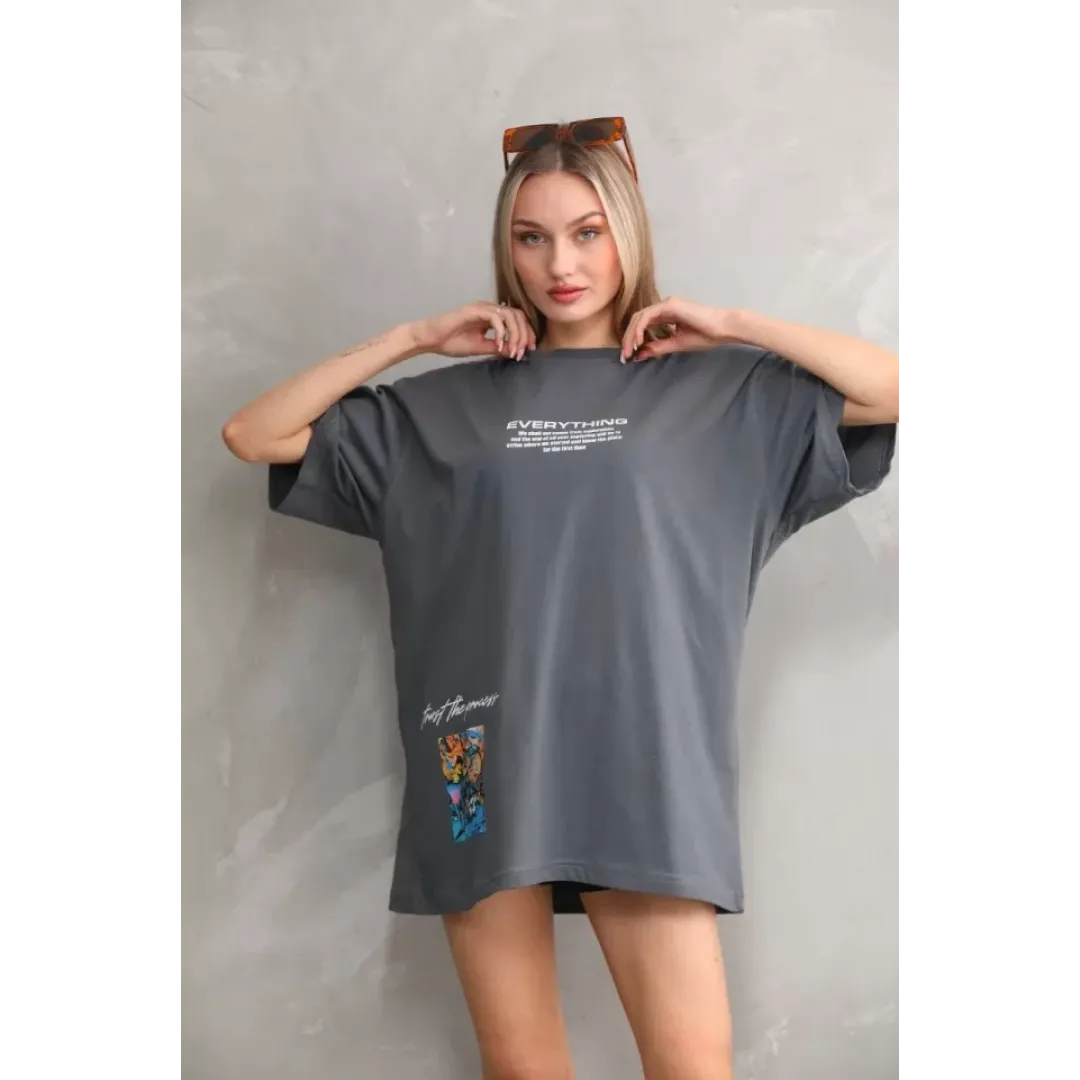 Unisex Bisiklet Yaka Baskılı Oversize T-Shirt - Gri - 103401 Unisex Bisiklet Yaka Baskılı Oversize T-Shirt - Gri - 103401