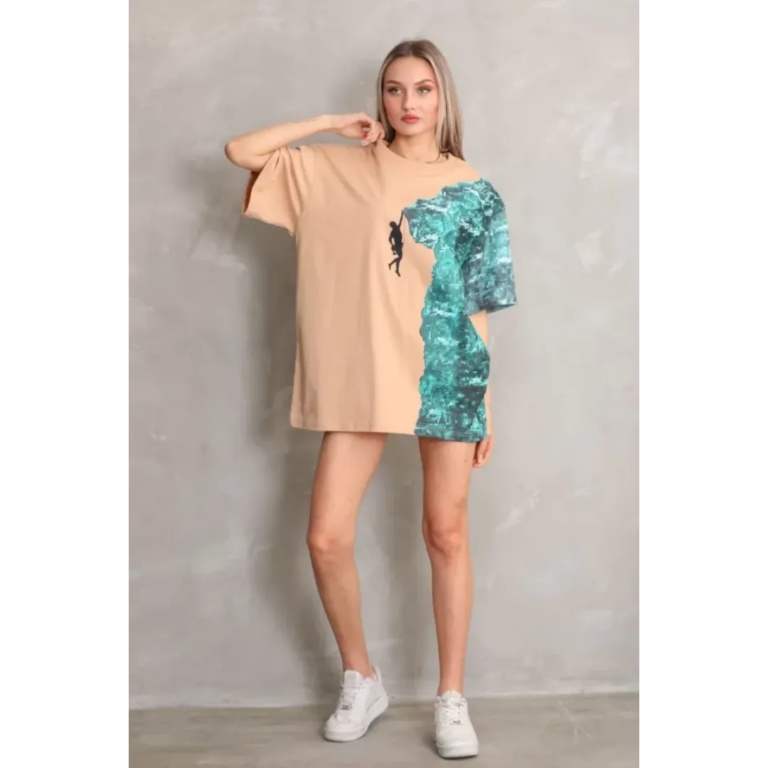 Unisex Bisiklet Yaka Baskılı Oversize T-Shirt - Bej - 103493 Unisex Bisiklet Yaka Baskılı Oversize T-Shirt - Bej - 103493