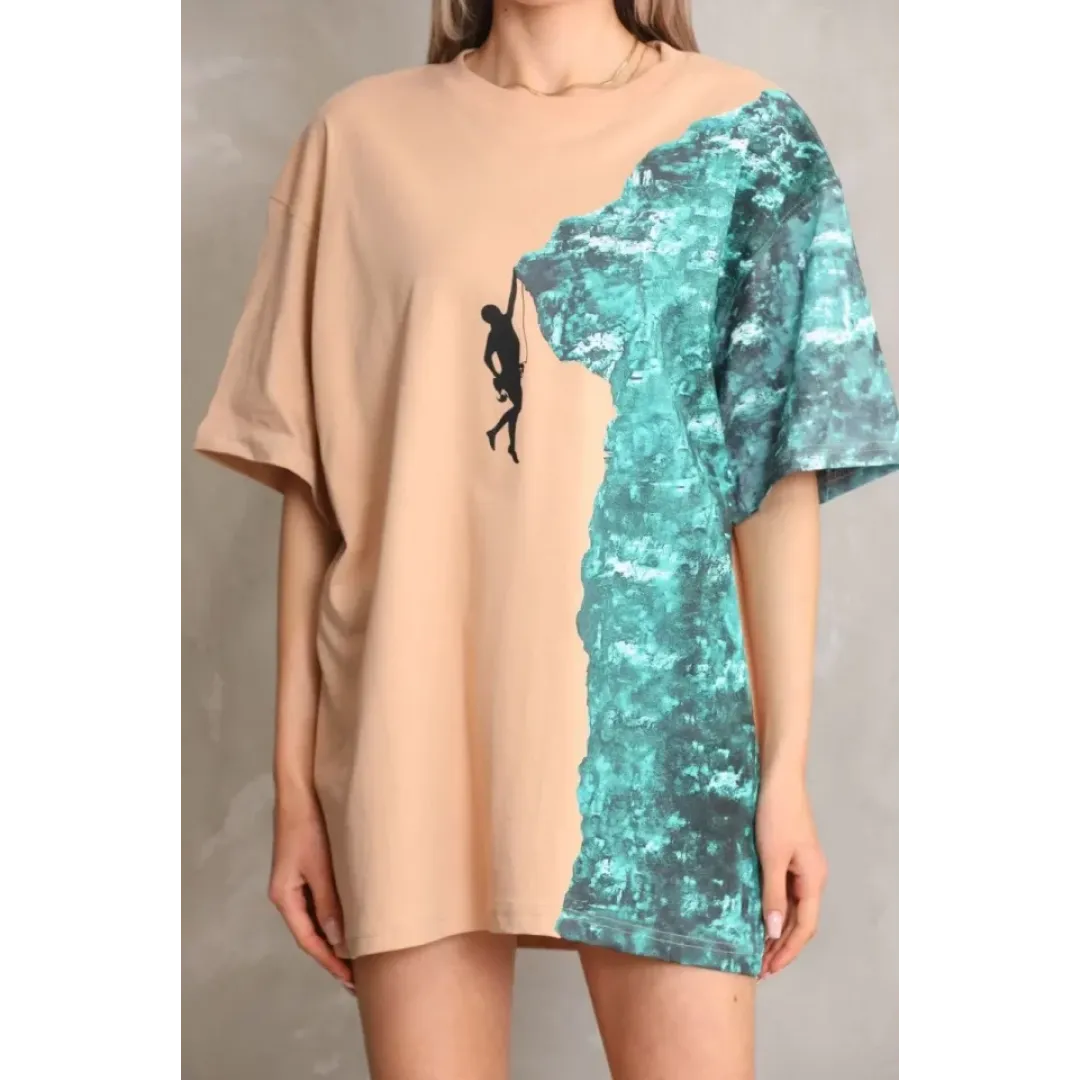 Unisex Bisiklet Yaka Baskılı Oversize T-Shirt - Bej - 103493 Unisex Bisiklet Yaka Baskılı Oversize T-Shirt - Bej - 103493
