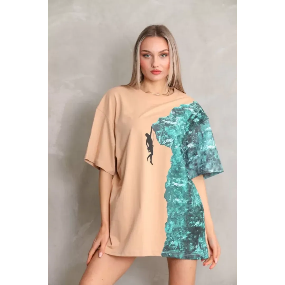 Unisex Bisiklet Yaka Baskılı Oversize T-Shirt - Bej - 103493 Unisex Bisiklet Yaka Baskılı Oversize T-Shirt - Bej - 103493