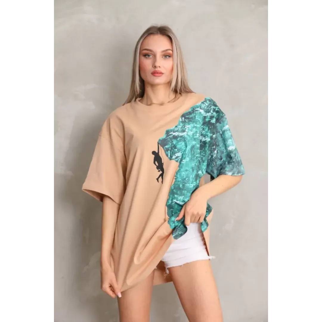 Unisex Bisiklet Yaka Baskılı Oversize T-Shirt - Bej - 103493 Unisex Bisiklet Yaka Baskılı Oversize T-Shirt - Bej - 103493