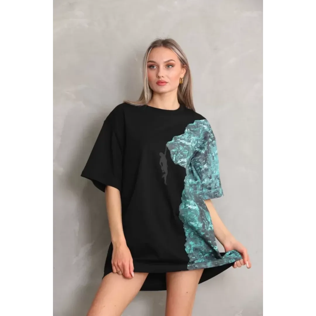 Unisex Bisiklet Yaka Baskılı Oversize T-Shirt - Siyah - 103496 Unisex Bisiklet Yaka Baskılı Oversize T-Shirt - Siyah - 103496