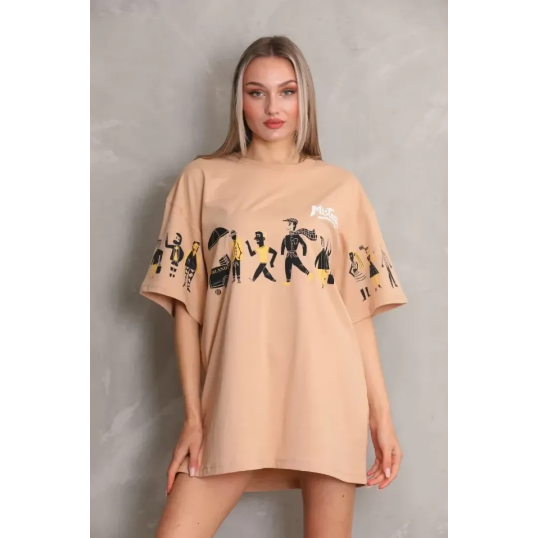 Unisex Bisiklet Yaka Baskılı Oversize T-Shirt - Bej - 103501 Unisex Bisiklet Yaka Baskılı Oversize T-Shirt - Bej - 103501