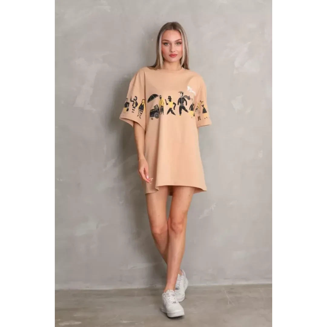 Unisex Bisiklet Yaka Baskılı Oversize T-Shirt - Bej - 103501 Unisex Bisiklet Yaka Baskılı Oversize T-Shirt - Bej - 103501