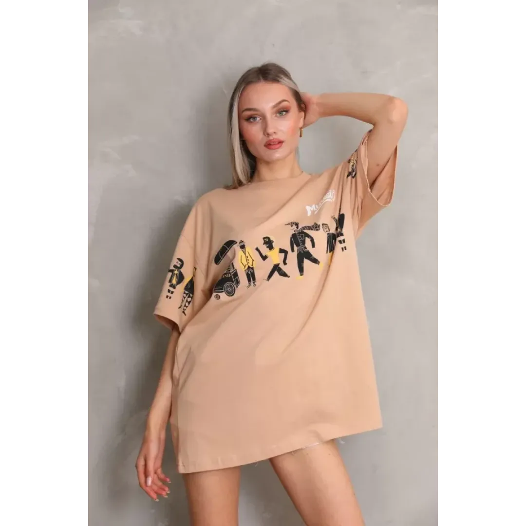 Unisex Bisiklet Yaka Baskılı Oversize T-Shirt - Bej - 103501 Unisex Bisiklet Yaka Baskılı Oversize T-Shirt - Bej - 103501