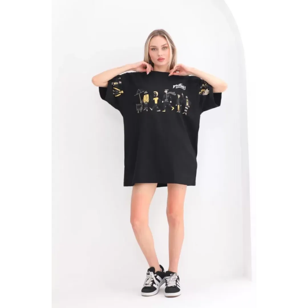 Unisex Bisiklet Yaka Baskılı Oversize T-Shirt - Siyah - 103502 Unisex Bisiklet Yaka Baskılı Oversize T-Shirt - Siyah - 103502