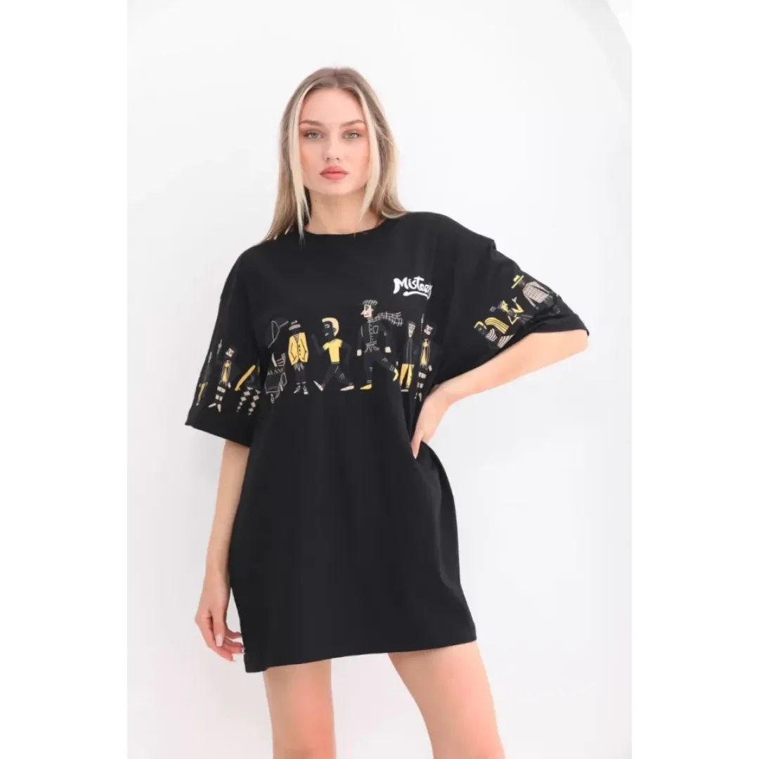 Unisex Bisiklet Yaka Baskılı Oversize T-Shirt - Siyah - 103502 Unisex Bisiklet Yaka Baskılı Oversize T-Shirt - Siyah - 103502