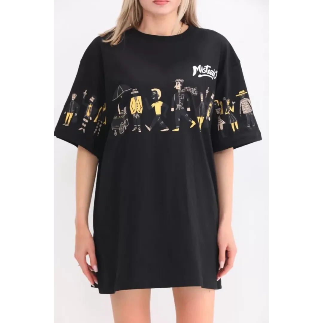 Unisex Bisiklet Yaka Baskılı Oversize T-Shirt - Siyah - 103502 Unisex Bisiklet Yaka Baskılı Oversize T-Shirt - Siyah - 103502