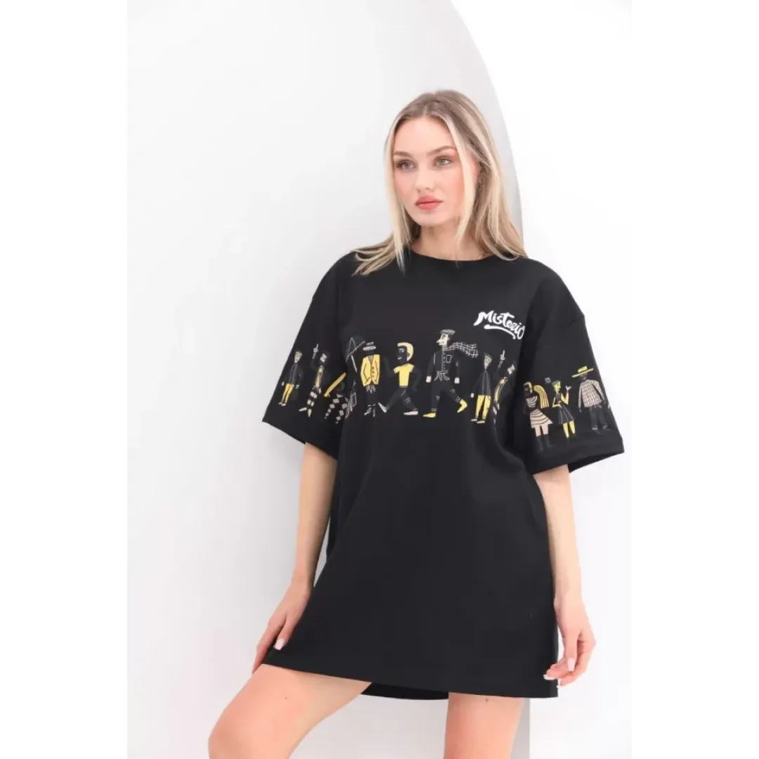 Unisex Bisiklet Yaka Baskılı Oversize T-Shirt - Siyah - 103502 Unisex Bisiklet Yaka Baskılı Oversize T-Shirt - Siyah - 103502