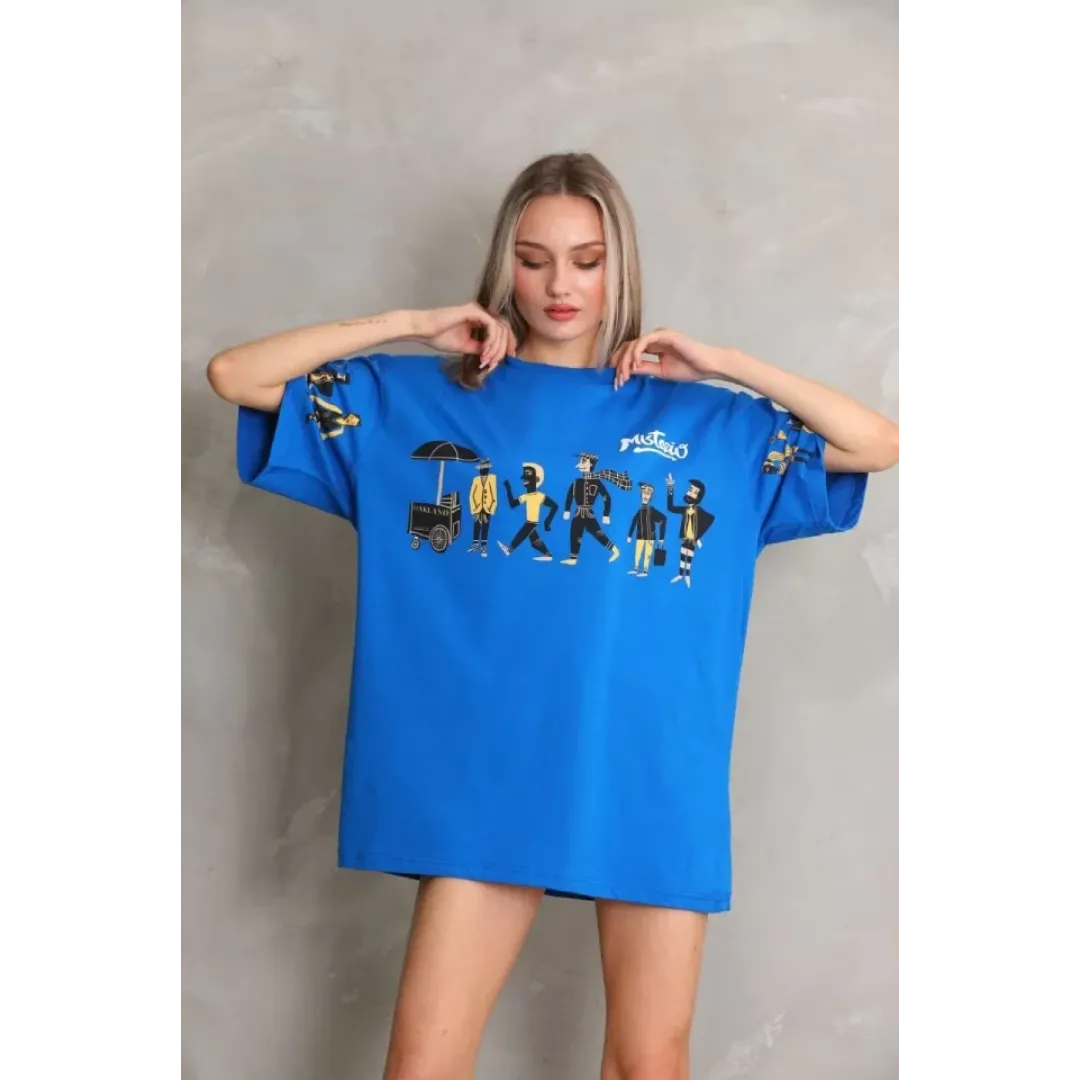 Unisex Bisiklet Yaka Baskılı Oversize T-Shirt - Mavi - 103503 Unisex Bisiklet Yaka Baskılı Oversize T-Shirt - Mavi - 103503