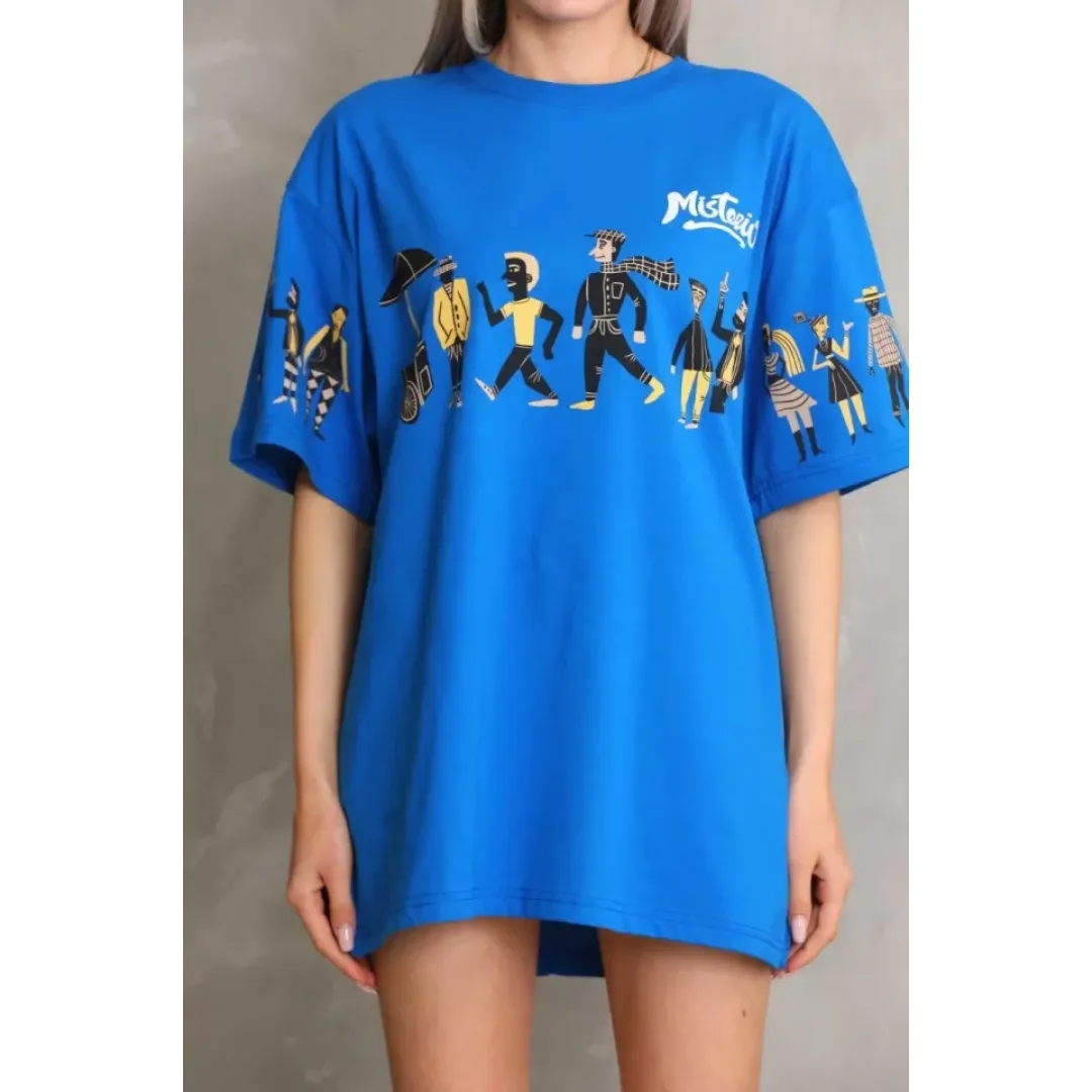 Unisex Bisiklet Yaka Baskılı Oversize T-Shirt - Mavi - 103503 Unisex Bisiklet Yaka Baskılı Oversize T-Shirt - Mavi - 103503