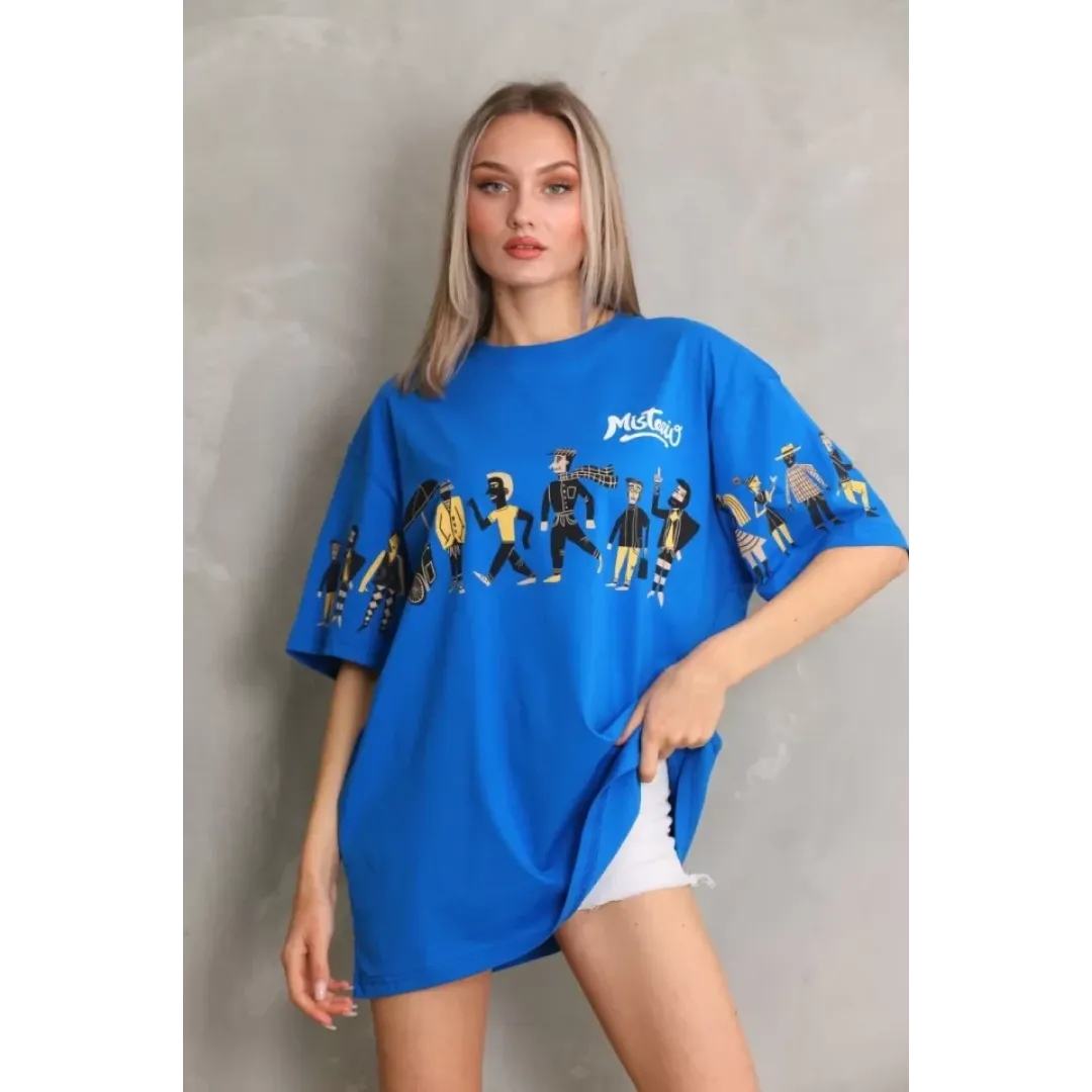 Unisex Bisiklet Yaka Baskılı Oversize T-Shirt - Mavi - 103503 Unisex Bisiklet Yaka Baskılı Oversize T-Shirt - Mavi - 103503
