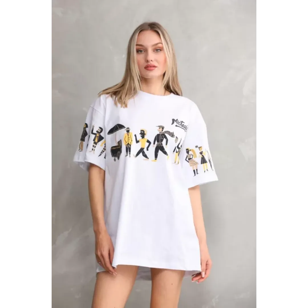 Unisex Bisiklet Yaka Baskılı Oversize T-Shirt - Beyaz - 103504 Unisex Bisiklet Yaka Baskılı Oversize T-Shirt - Beyaz - 103504
