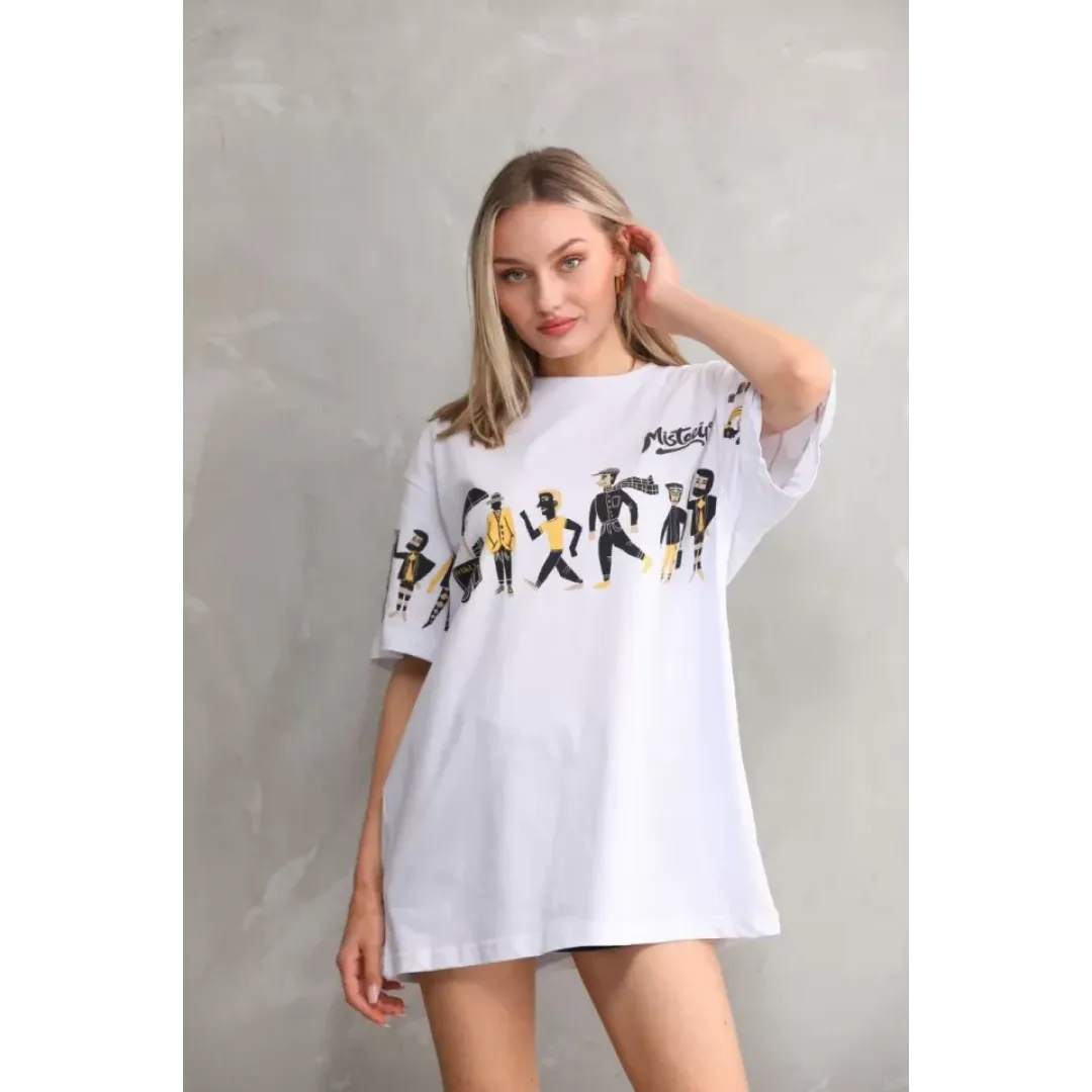 Unisex Bisiklet Yaka Baskılı Oversize T-Shirt - Beyaz - 103504 Unisex Bisiklet Yaka Baskılı Oversize T-Shirt - Beyaz - 103504