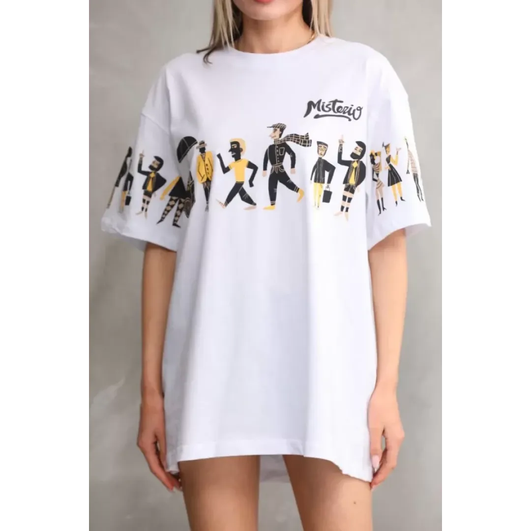 Unisex Bisiklet Yaka Baskılı Oversize T-Shirt - Beyaz - 103504 Unisex Bisiklet Yaka Baskılı Oversize T-Shirt - Beyaz - 103504