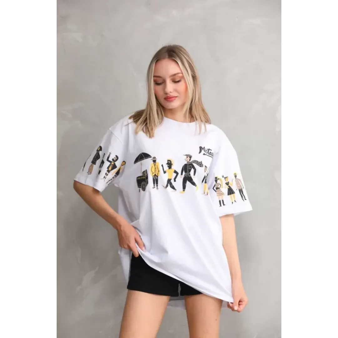 Unisex Bisiklet Yaka Baskılı Oversize T-Shirt - Beyaz - 103504 Unisex Bisiklet Yaka Baskılı Oversize T-Shirt - Beyaz - 103504
