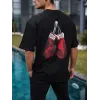 Unisex Bisiklet Yaka Baskılı Oversize T-Shirt - Siyah - 103506