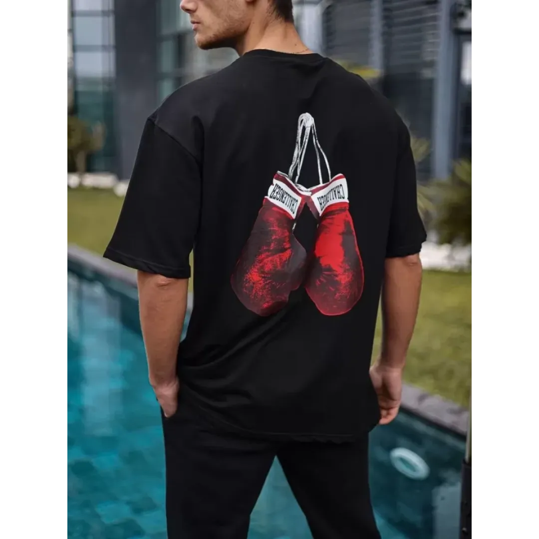 Unisex Bisiklet Yaka Baskılı Oversize T-Shirt - Siyah - 103506