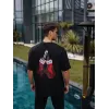 Unisex Bisiklet Yaka Baskılı Oversize T-Shirt - Siyah - 103506
