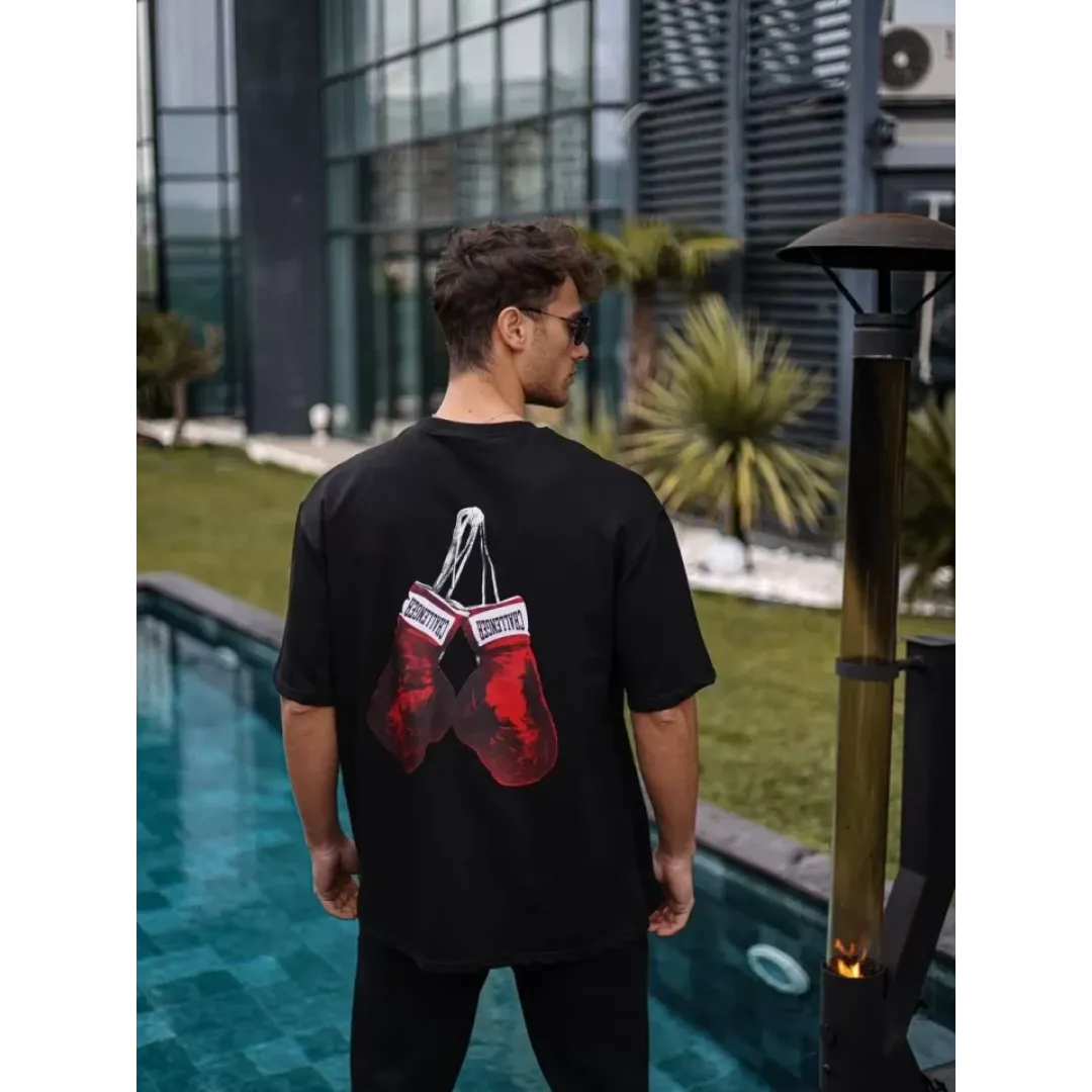 Unisex Bisiklet Yaka Baskılı Oversize T-Shirt - Siyah - 103506