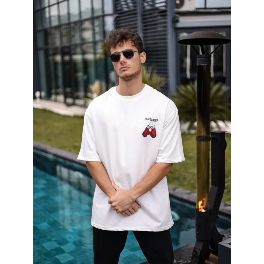 Unisex Bisiklet Yaka Baskılı Oversize T-Shirt - Beyaz - 103507