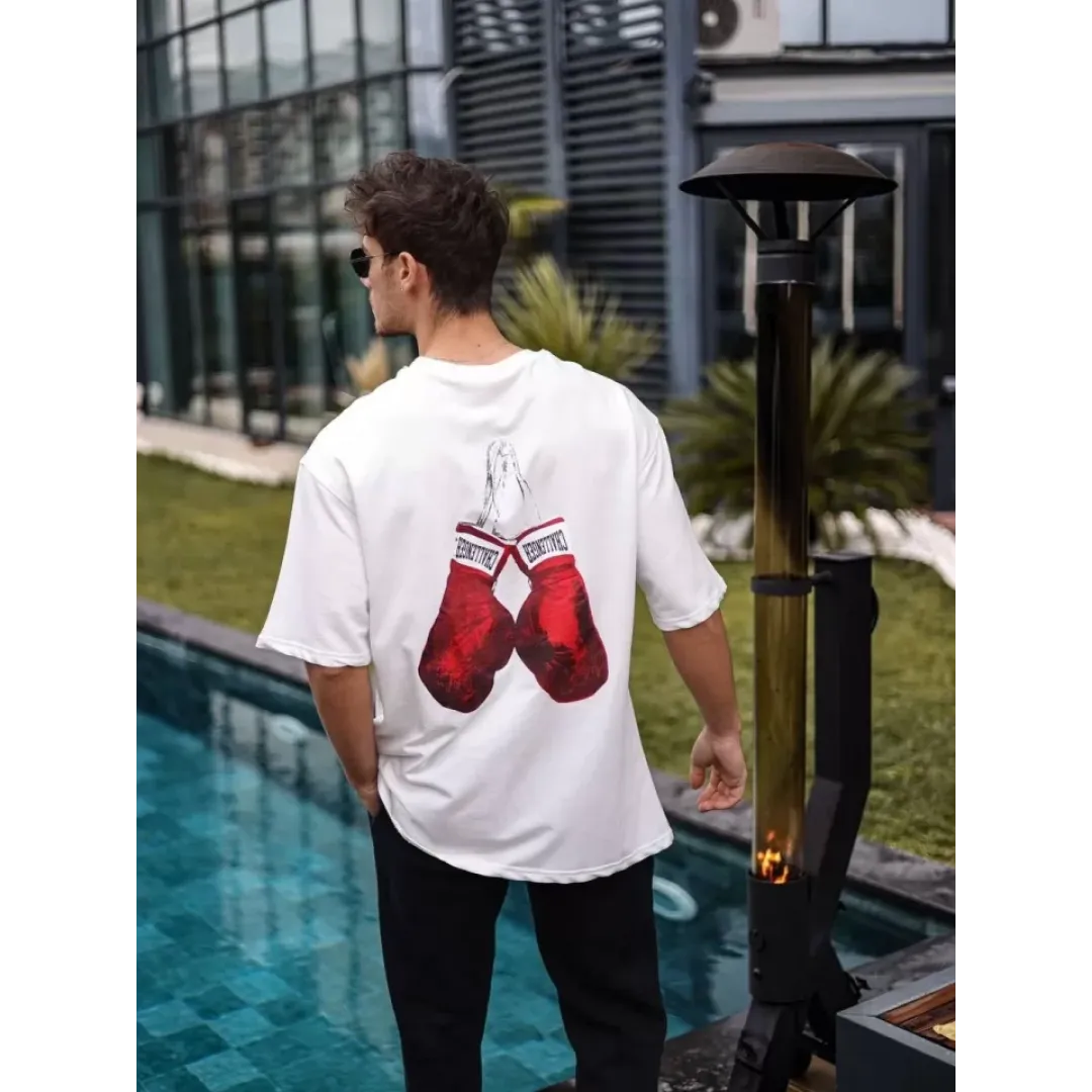 Unisex Bisiklet Yaka Baskılı Oversize T-Shirt - Beyaz - 103507