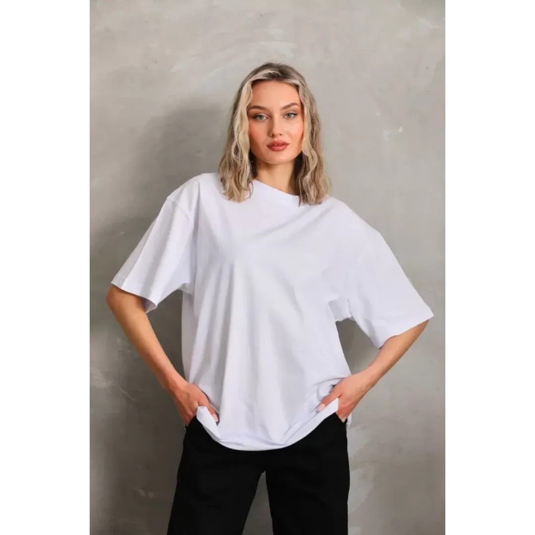 Unisex Bisiklet Yaka 20/1 Düz Oversize T-Shirt - Beyaz - 103509 Unisex Bisiklet Yaka 20/1 Düz Oversize T-Shirt - Beyaz - 103509