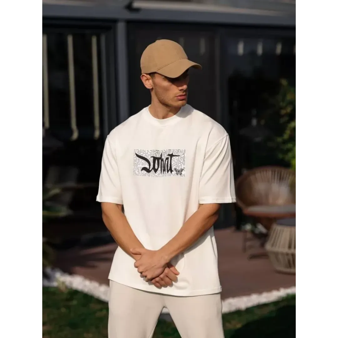 Unisex Bisiklet Yaka Baskılı Oversize T-Shirt - Beyaz - 103512