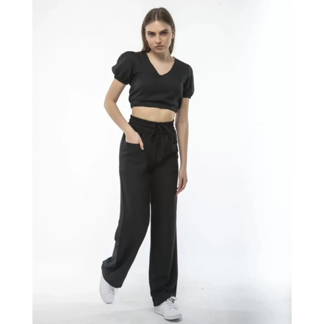 Kadin Keten Pantalon Ve Crop Takım - Siyah - 103516 Kadin Keten Pantalon Ve Crop Takım - Siyah - 103516