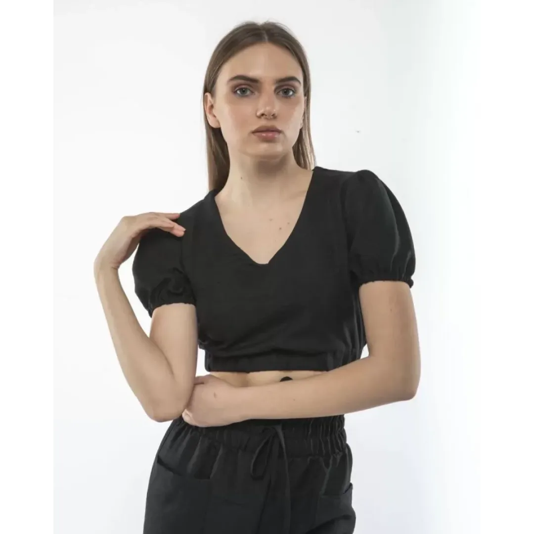 Kadin Keten Pantalon Ve Crop Takım - Siyah - 103516 Kadin Keten Pantalon Ve Crop Takım - Siyah - 103516