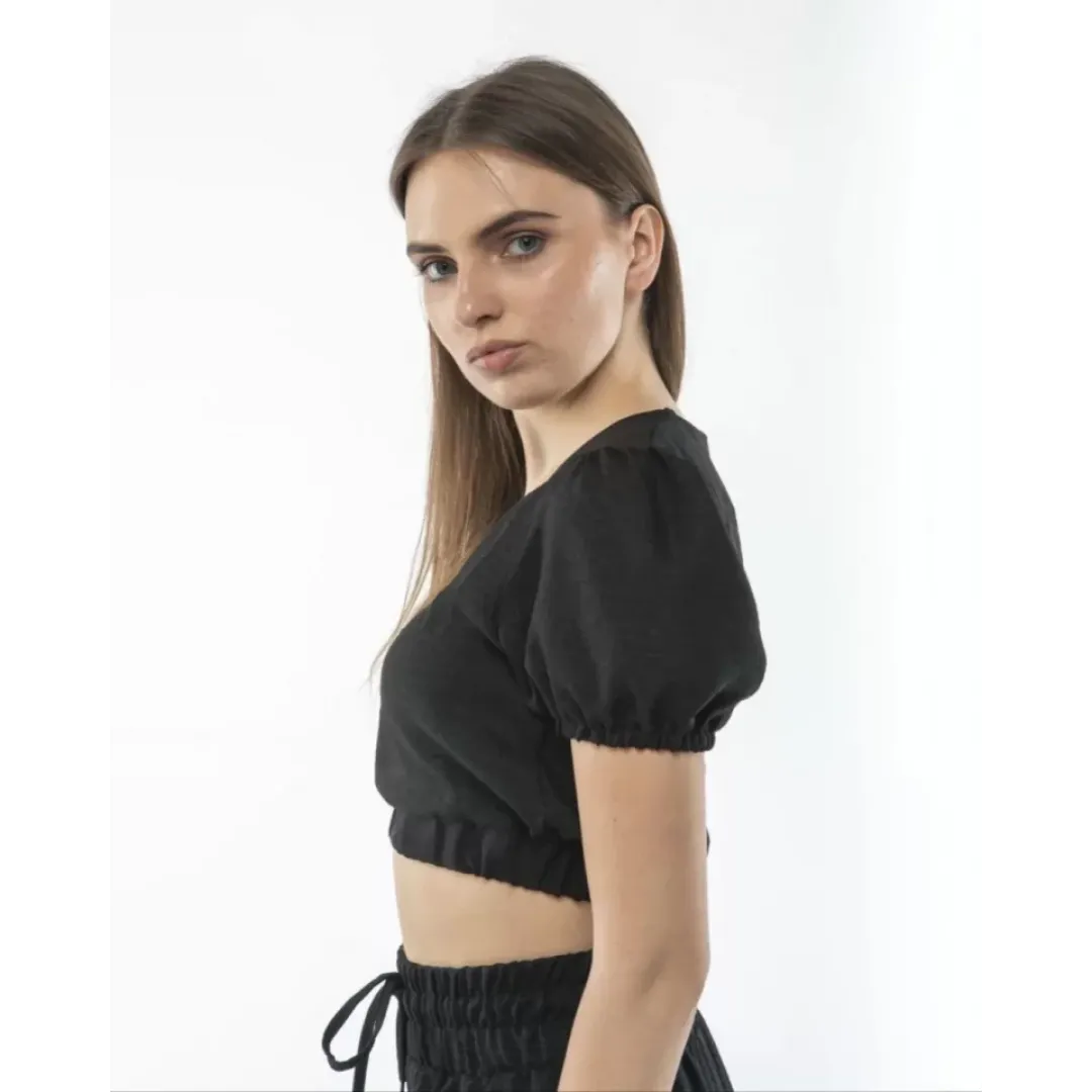 Kadin Keten Pantalon Ve Crop Takım - Siyah - 103516 Kadin Keten Pantalon Ve Crop Takım - Siyah - 103516