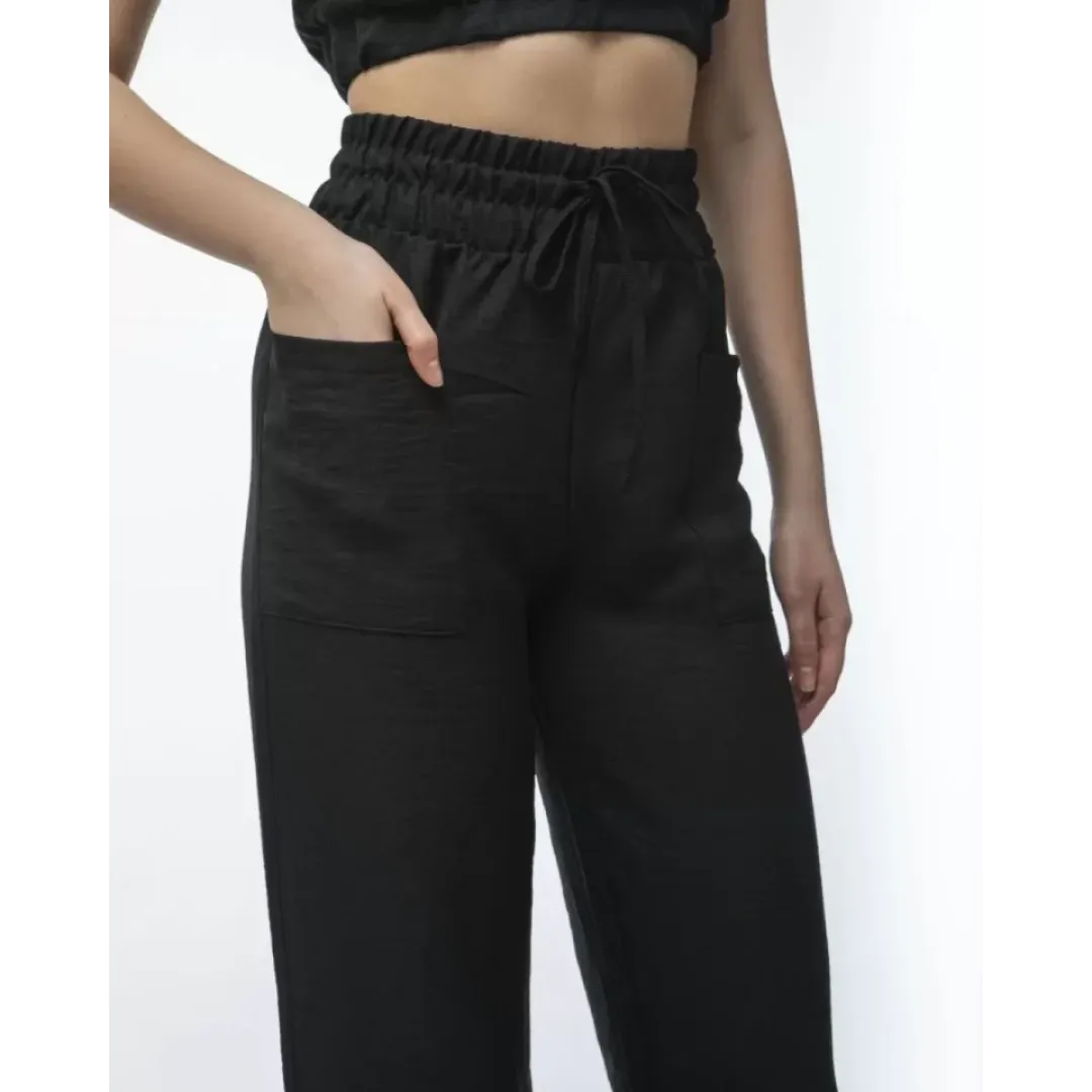 Kadin Keten Pantalon Ve Crop Takım - Siyah - 103516 Kadin Keten Pantalon Ve Crop Takım - Siyah - 103516