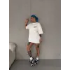 Unisex Bisiklet Yaka Baskılı Oversize T-Shirt - Beyaz - 103523