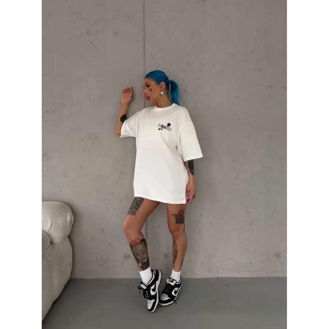 Unisex Bisiklet Yaka Baskılı Oversize T-Shirt - Beyaz - 103523