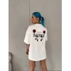 Unisex Bisiklet Yaka Baskılı Oversize T-Shirt - Beyaz - 103523