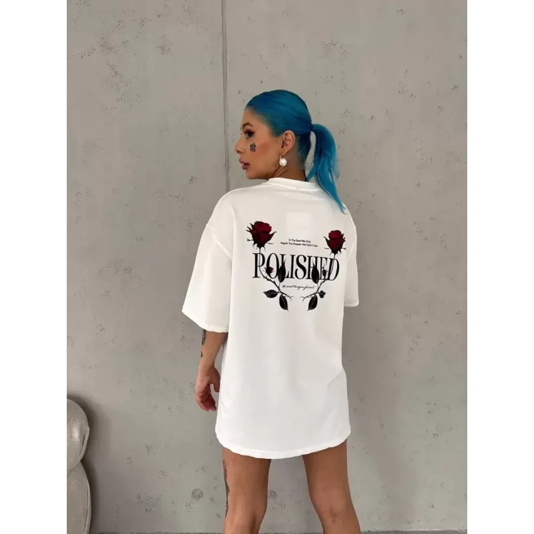 Unisex Bisiklet Yaka Baskılı Oversize T-Shirt - Beyaz - 103523