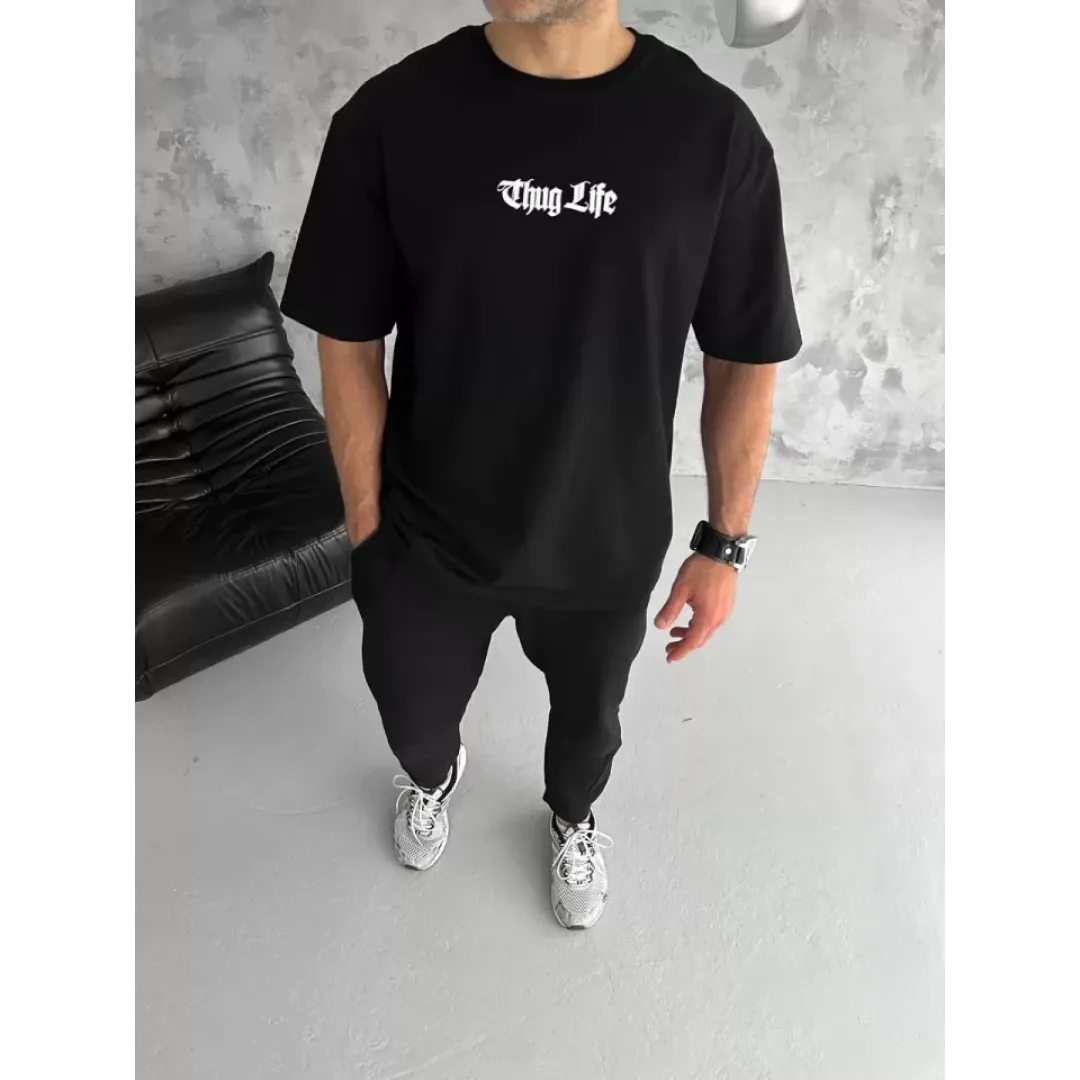 Unisex Bisiklet Yaka Baskılı Oversize T-Shirt - Siyah - 103542 Unisex Bisiklet Yaka Baskılı Oversize T-Shirt - Siyah - 103542
