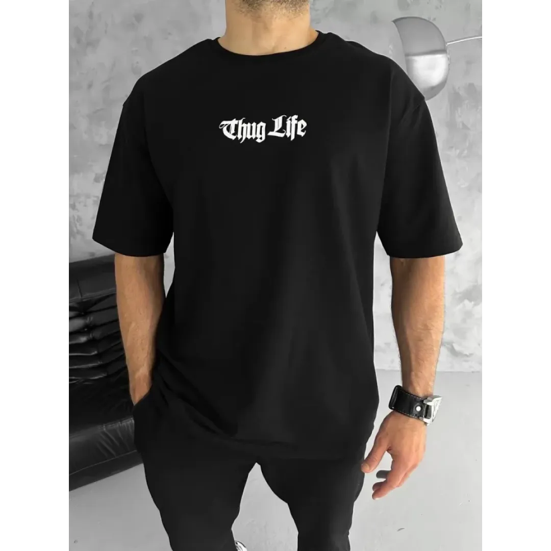 Unisex Bisiklet Yaka Baskılı Oversize T-Shirt - Siyah - 103542 Unisex Bisiklet Yaka Baskılı Oversize T-Shirt - Siyah - 103542