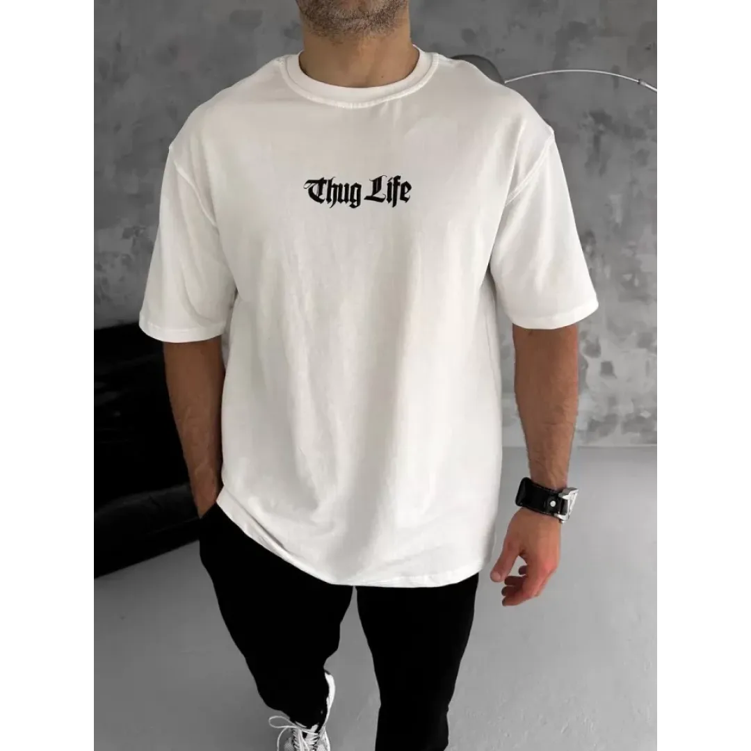 Unisex Bisiklet Yaka Baskılı Oversize T-Shirt - Beyaz - 103545 Unisex Bisiklet Yaka Baskılı Oversize T-Shirt - Beyaz - 103545