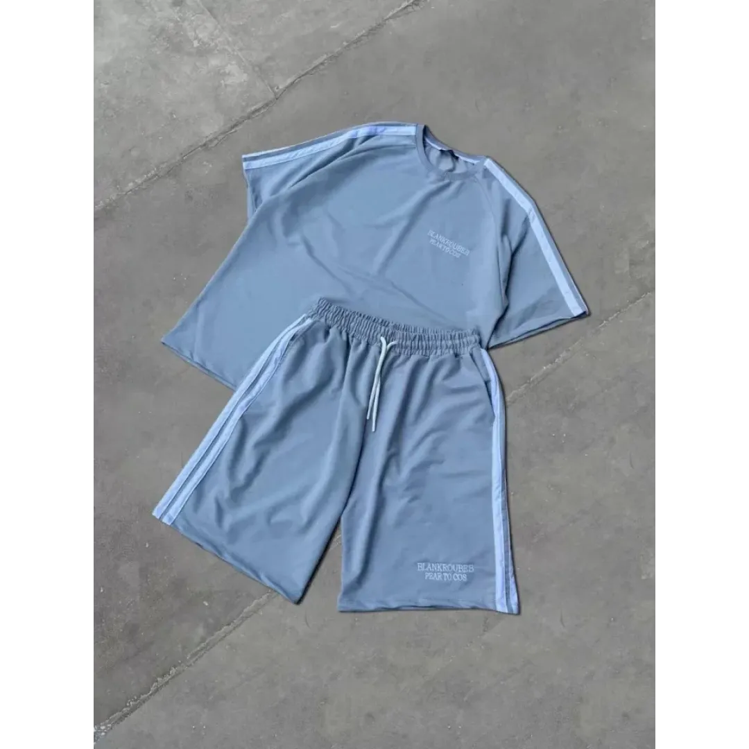 Unisex Şeritli Baskılı Şortlu Takım - Boyalı Gri - 104325 Unisex Şeritli Baskılı Şortlu Takım - Boyalı Gri - 104325