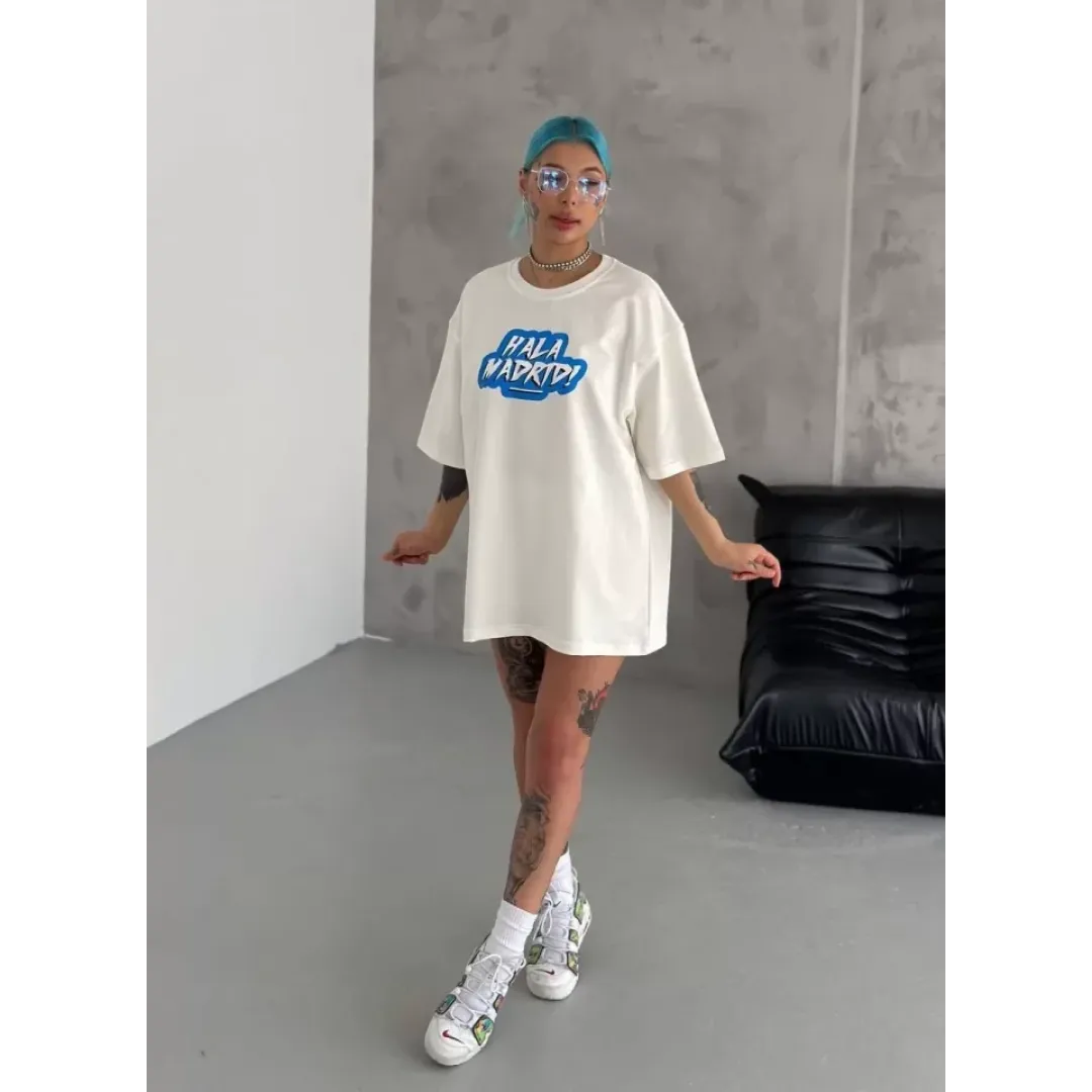 Unisex Bisiklet Yaka Baskılı Oversize T-Shirt - Beyaz - 104327 Unisex Bisiklet Yaka Baskılı Oversize T-Shirt - Beyaz - 104327