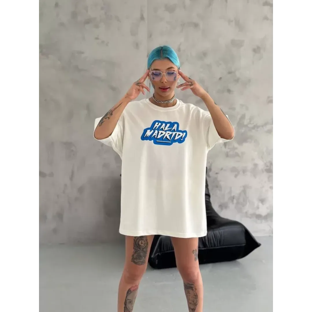 Unisex Bisiklet Yaka Baskılı Oversize T-Shirt - Beyaz - 104327 Unisex Bisiklet Yaka Baskılı Oversize T-Shirt - Beyaz - 104327