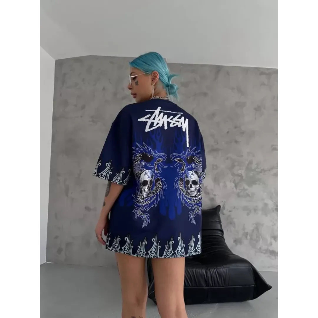 Unisex Bisiklet Yaka Baskılı Oversize T-Shirt - Lacivert - 104328 Unisex Bisiklet Yaka Baskılı Oversize T-Shirt - Lacivert - 104328