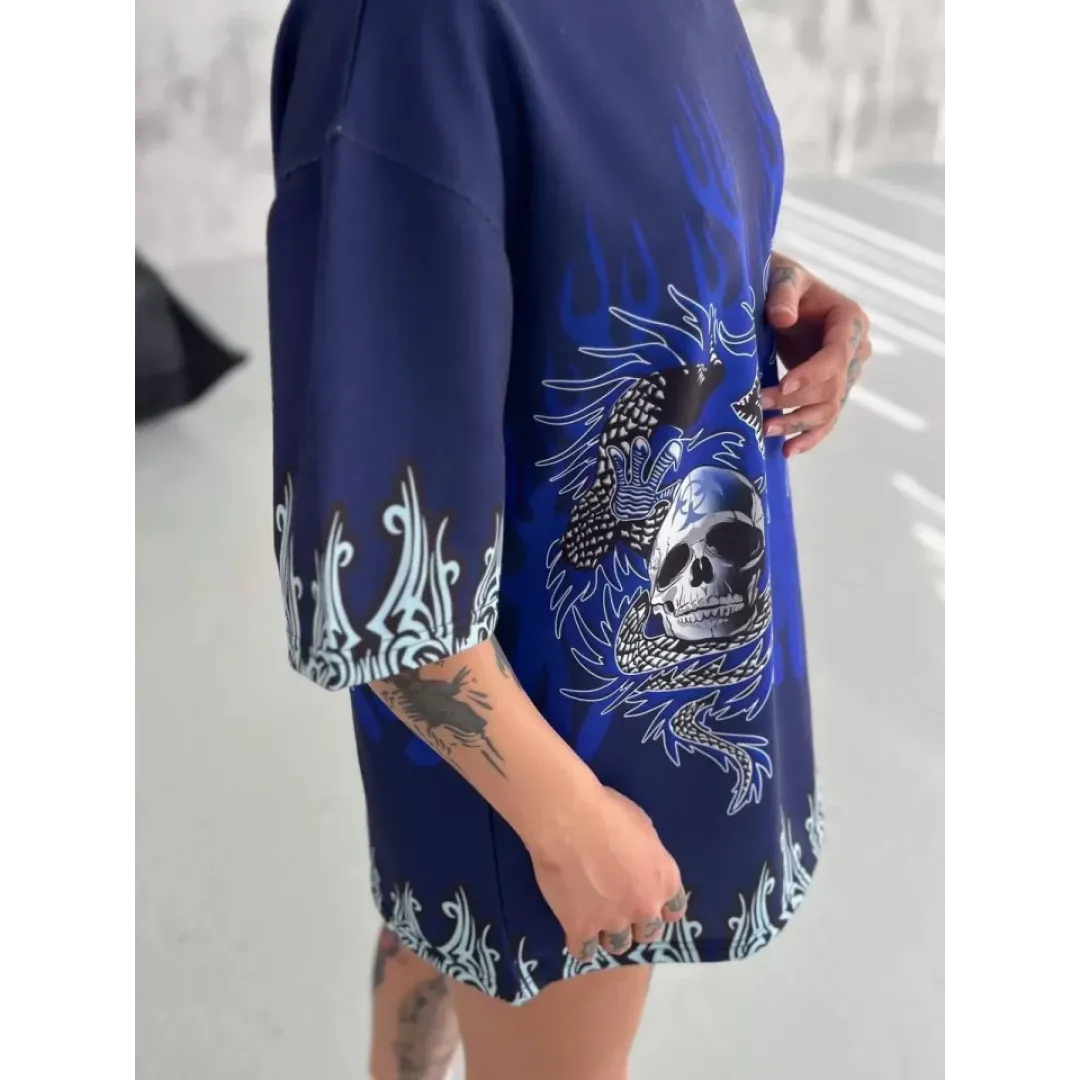 Unisex Bisiklet Yaka Baskılı Oversize T-Shirt - Lacivert - 104328 Unisex Bisiklet Yaka Baskılı Oversize T-Shirt - Lacivert - 104328