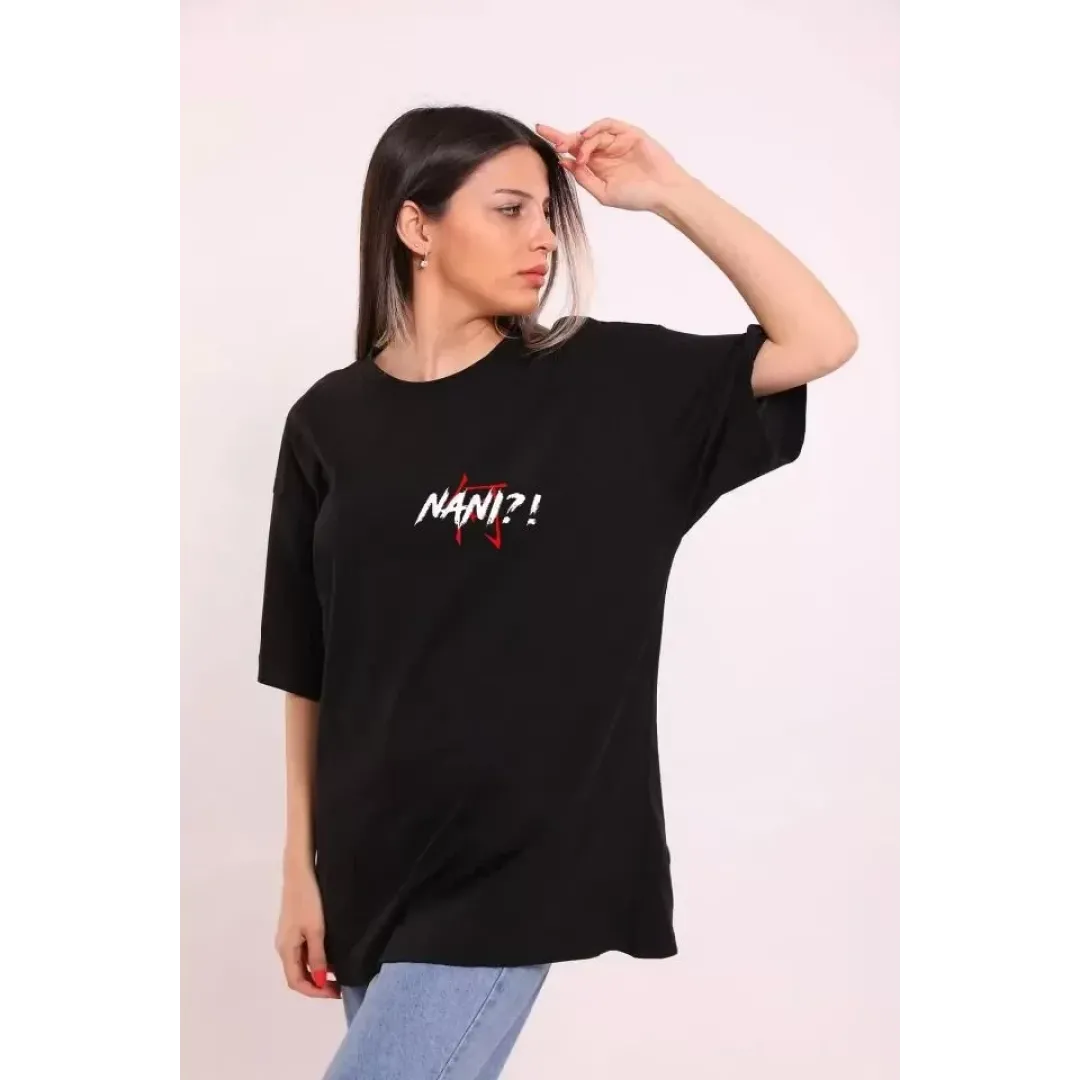 Unisex Bisiklet Yaka Baskılı Oversize T-Shirt - Siyah - 104332 Unisex Bisiklet Yaka Baskılı Oversize T-Shirt - Siyah - 104332