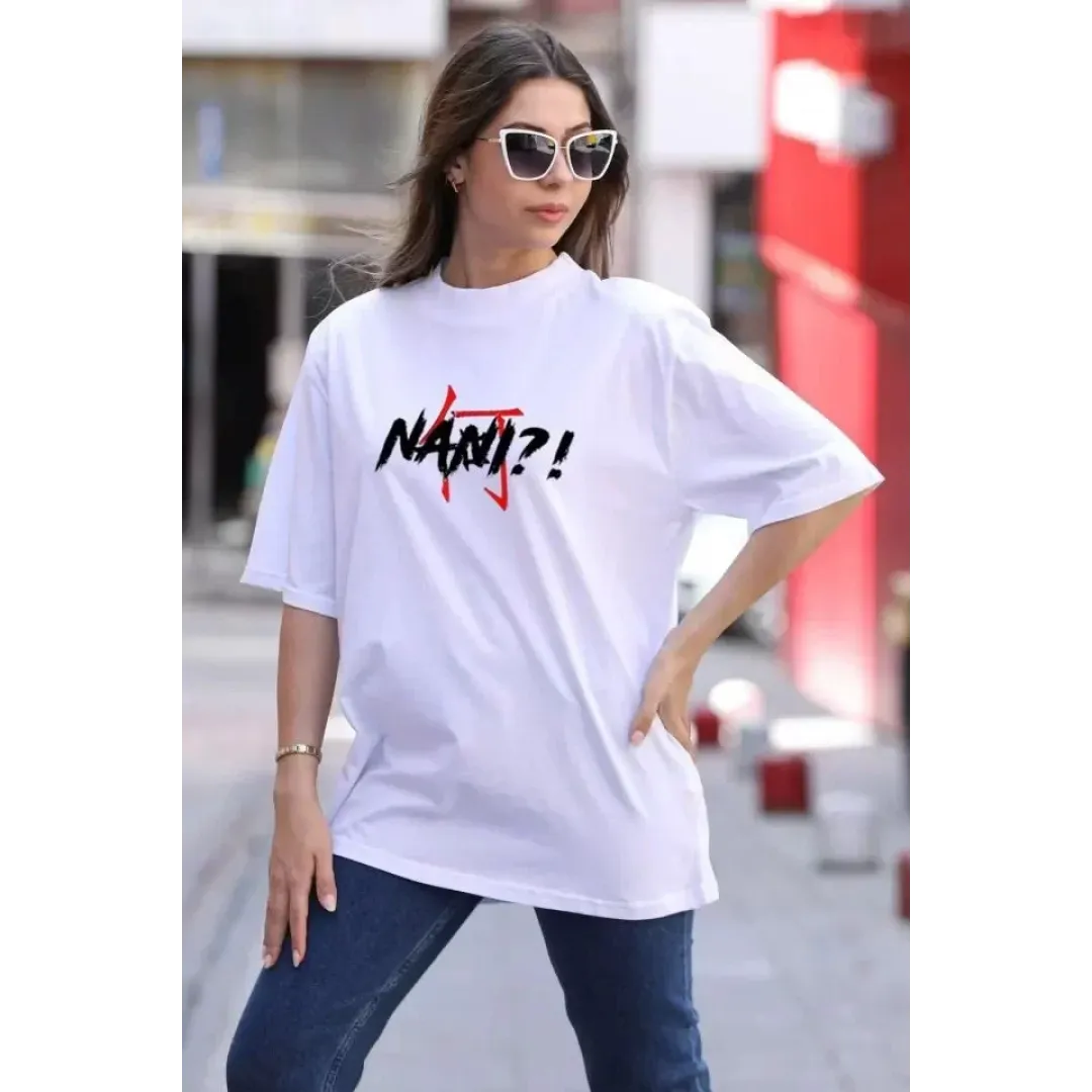 Unisex Bisiklet Yaka Baskılı Oversize T-Shirt - Beyaz - 104333 Unisex Bisiklet Yaka Baskılı Oversize T-Shirt - Beyaz - 104333
