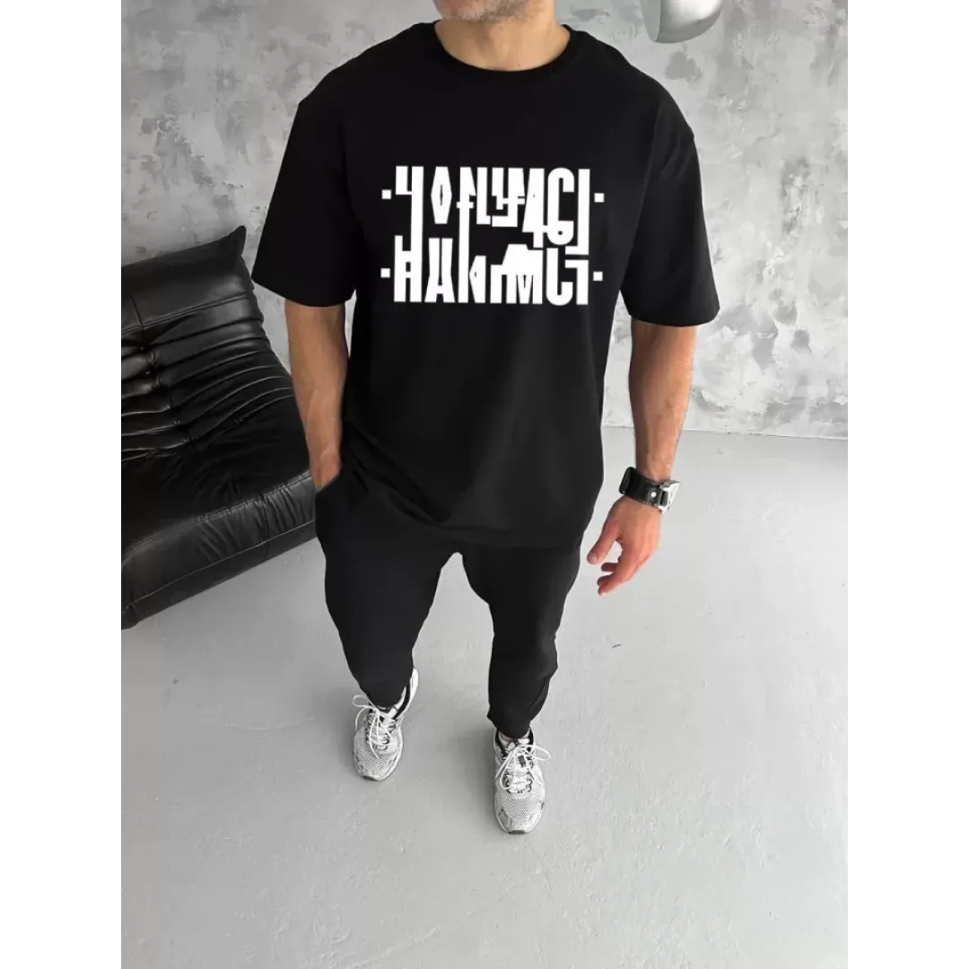 Unisex Bisiklet Yaka Katlanan Baskılı T-Shirt - Siyah - 104335 Unisex Bisiklet Yaka Katlanan Baskılı T-Shirt - Siyah - 104335
