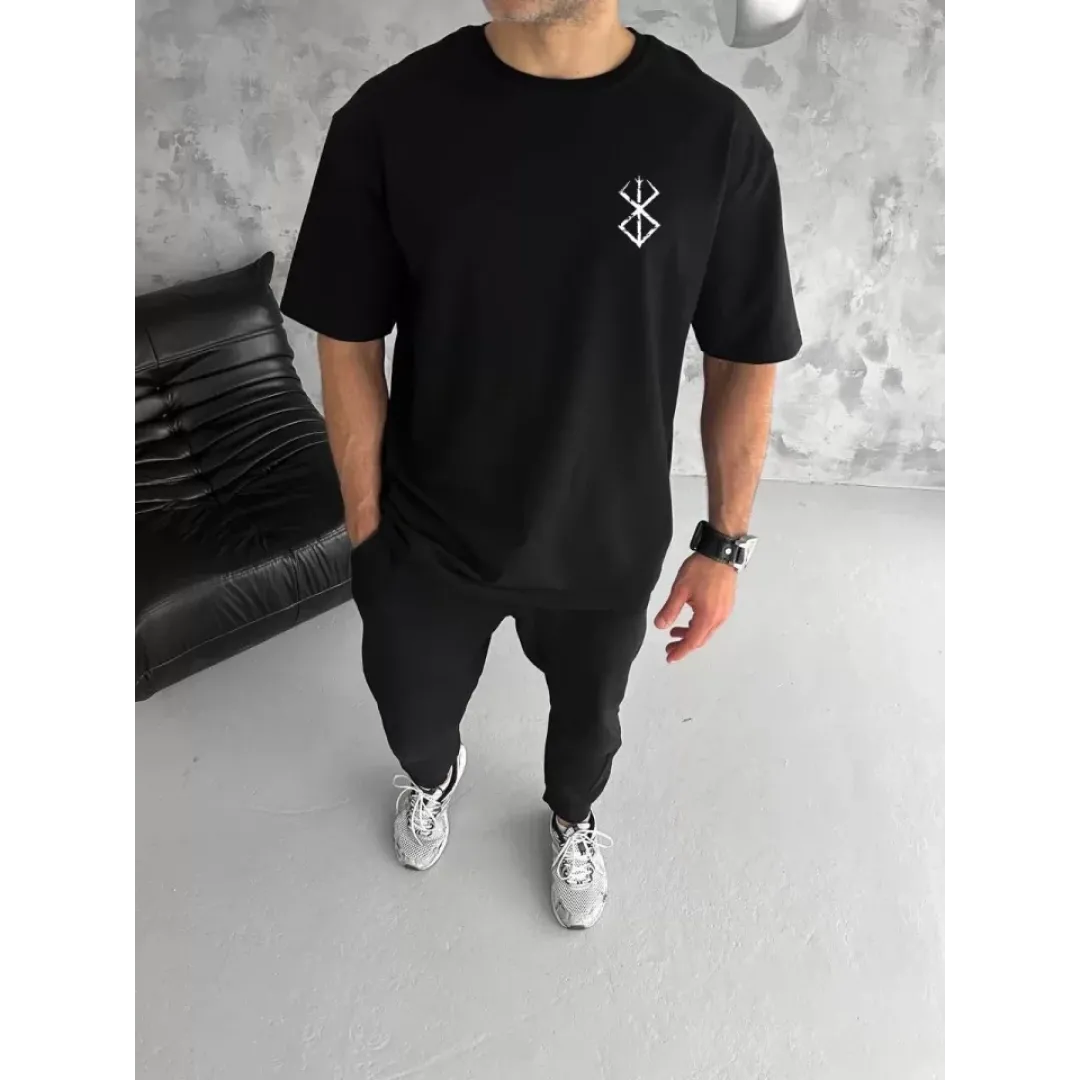 Unisex Bisiklet Yaka Baskılı Oversize T-Shirt - Siyah - 104337